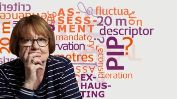 A woman sits with her head in her hand with a wall of PIP-related words behind her
