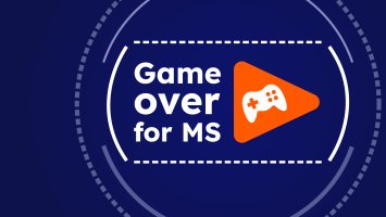 Game controller in an orange triangle, on a blue background with slogan, Game over for MS