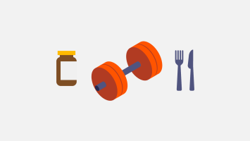 A pill bottle, dumbbell and knife and fork