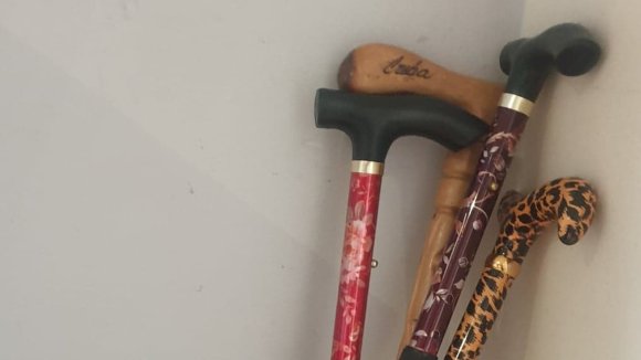 Image shows 4 walking sticks resting against a wall, each with a different colour and pattern.