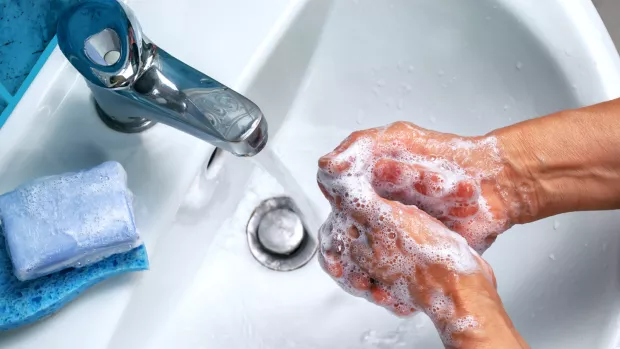 Soapy hands being washed under running tap water. Soap and sponge rest on the side of the sink.