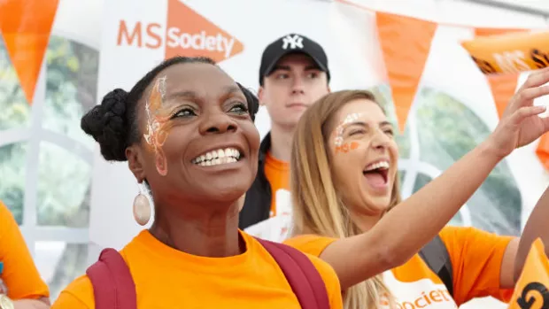 Photo shows a group of MS Society supporters at the start of a fundraising event