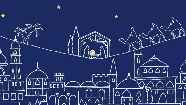 A Christmas card cover showing a blue nativity scene