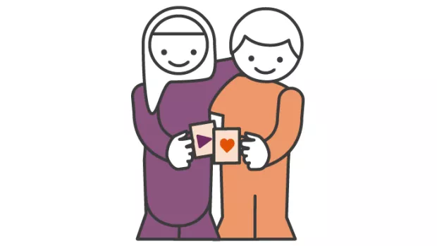 Graphic: woman wearing hijab has arm around man as they clink mugs