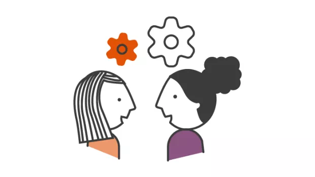 Graphic: heads and shoulders of two ladies talking in profile with cogs above their heads