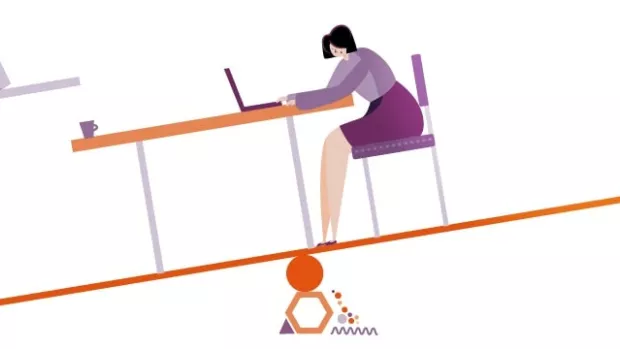 What is MS graphic shows woman sat at a table on a see saw that's tipping to the left 