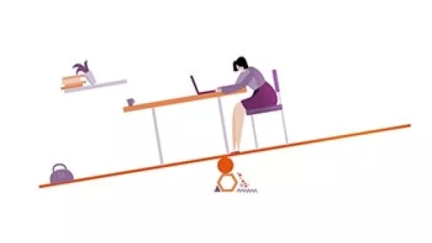 What is MS graphic shows woman sat at a table on a see saw that's tipping to the left 