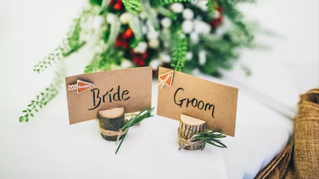 Photo: A wedding table showing bride and groom in celebration place names