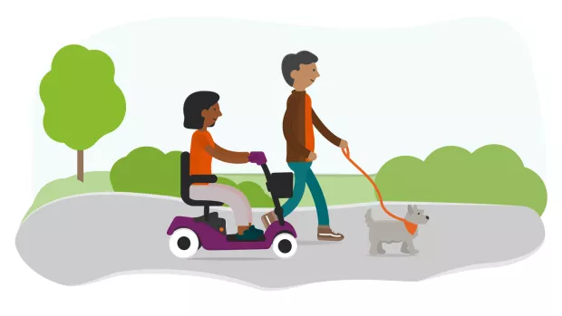 Graphic of a woman using a mobility scooter and a man walking a dog