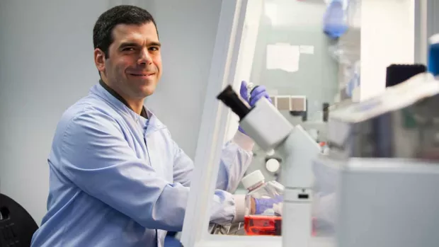 Photo shows a researcher in a lab sitting at a microscope