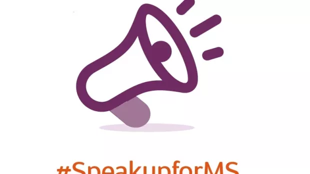 Graphic: megaphone with text saying Raise your voice for people with MS # Speak up for MS