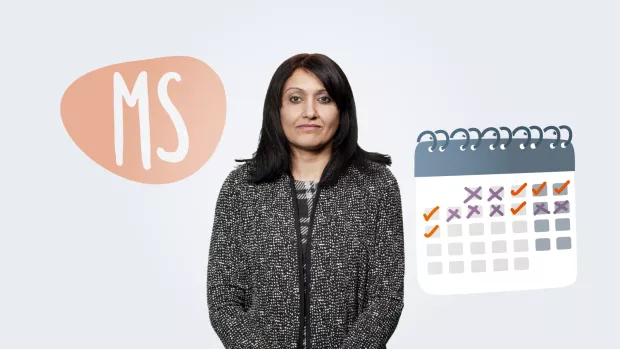 Suki pictured with illustrated bubbles behind her showing MS and a calendar with days of the week marked with ticks or crosses