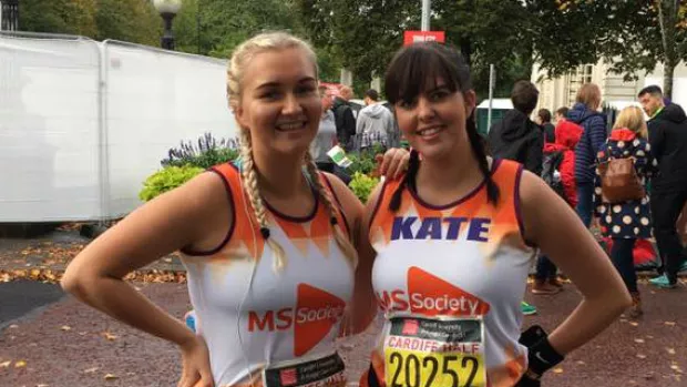 Two women taking part in the Cardiff Half Marathon for the MS Society