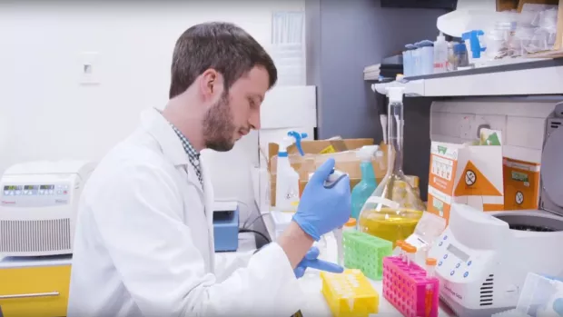 MS researcher at work in lab, using a pipette