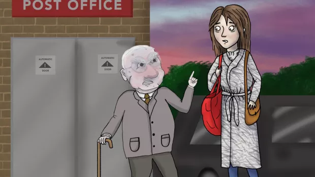 Illustration of man with walking stick, pointing at a woman