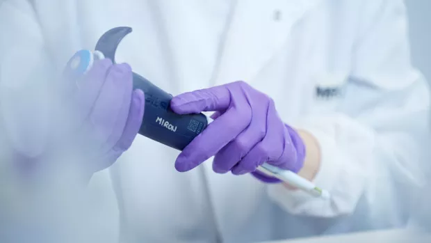 Close up of a researcher's hands wearing purple gloves and holding a piece of lab equipment