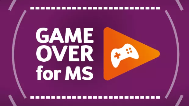 Graphic of a gamepad in an orange triangle on a purple background. Text reads: Game Over for MS