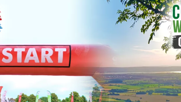 Inflatable race start arch and looking out over the Cotswolds