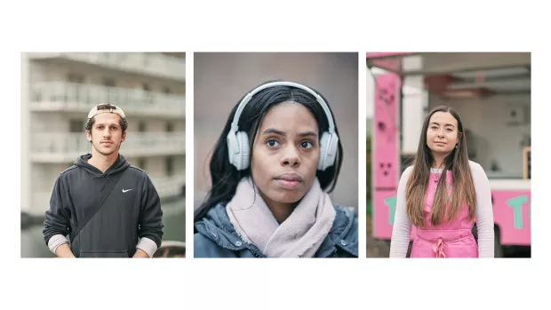 3 portraits left to right Ayad wears a hoodie, Breanne wears headphones and Panida wears a pink top