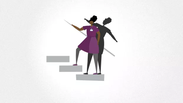 Animation still of Black woman climbing stairs with her shadow falling backwards