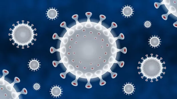 Ilustration of coronavirus molecule with white circular molecule with nodules coming off it on a blue background