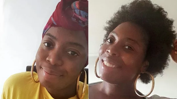 Screen is split in two Elisha on the left wears a yellow top and headscarf, Elisha on the right wears large gold hoop earrings with her natural hair fluffed up