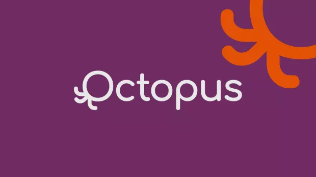 Octopus written in white against a purple background, with orange octopus logo