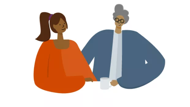 Illustration of two people talking over a cup of tea