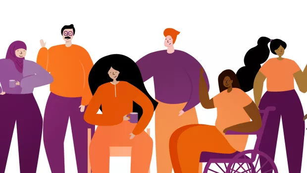 Illustration of people of various genders, ethnicities and abilities, and a dog
