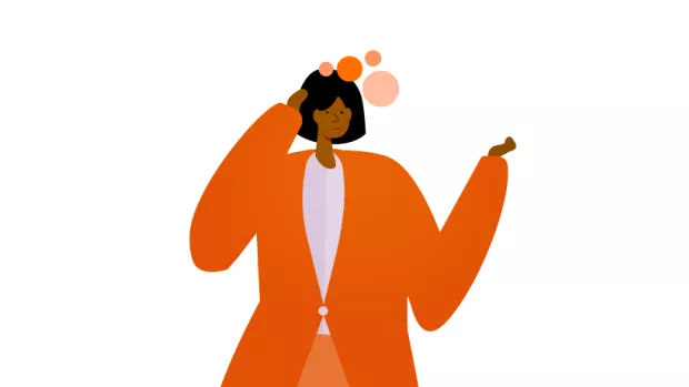 Illustration of person holding their hand to their head, bubbles appear from head