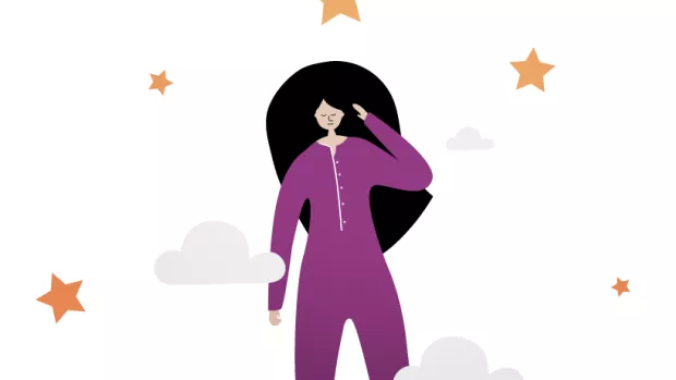 Illustration of person with clouds and stars around them touching their head