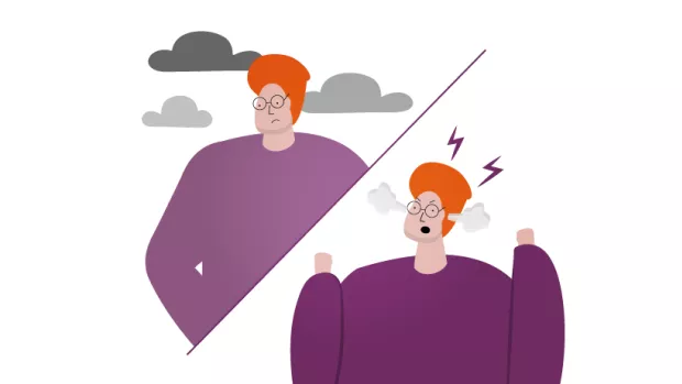 Illustration split screen of person relaxed with clouds and then stressed