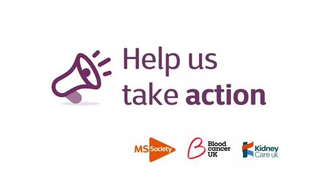 Purple text reads "Help us take action" against a white background