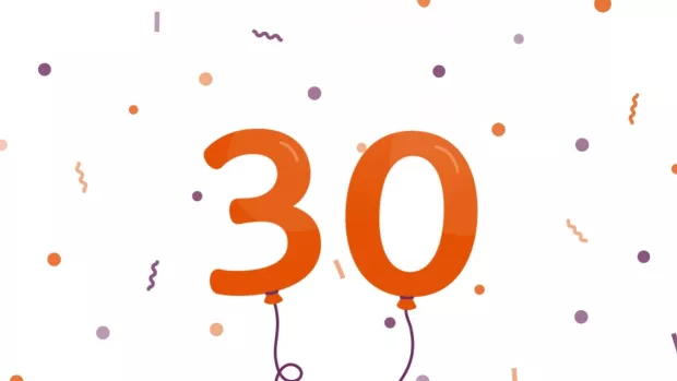 Graphic of birthday balloons in the shape of the number 30