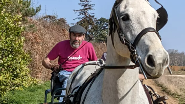 Tim is sitting in his chariot, steering a white horse