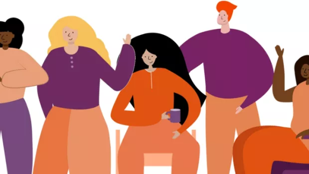 Cartoon of people wearing orange and purple clothes