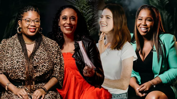 Composite picture of three people with MS and Rose Leslie