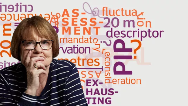 A woman sits with her head in her hand with a wall of PIP-related words behind her
