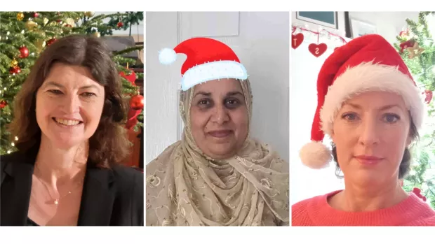 A montage of three headshots of the MS nurses. Liz id dressed in a dark jacket and stands in front of a Christmas tree, Razia and Jen wear Santa hats