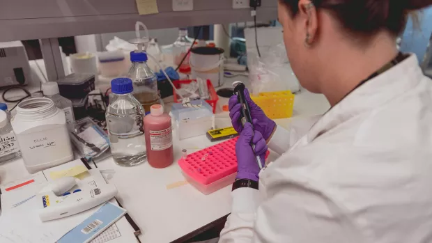 A researcher at work, surrounded by scientific equipment