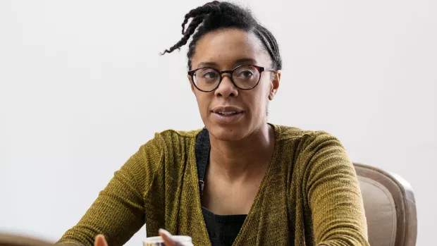 Close up of a woman wearing glasses