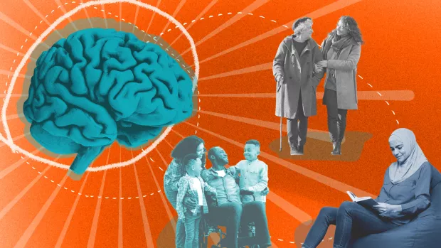 An illustrated brain radiating people spending enjoyable time together and alone