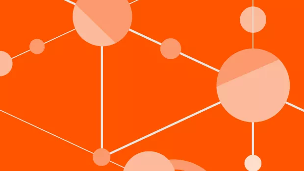 Circular icons in a network on an orange background