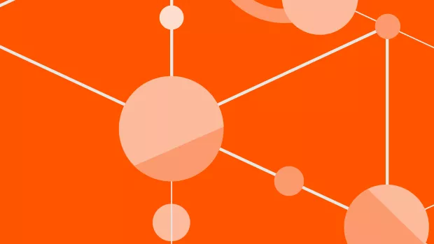 Circular icons in a network on an orange background