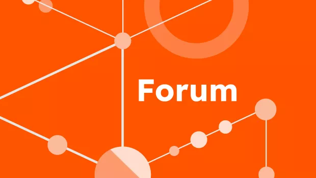 Circular icons in a network on an orange background, titled Forum