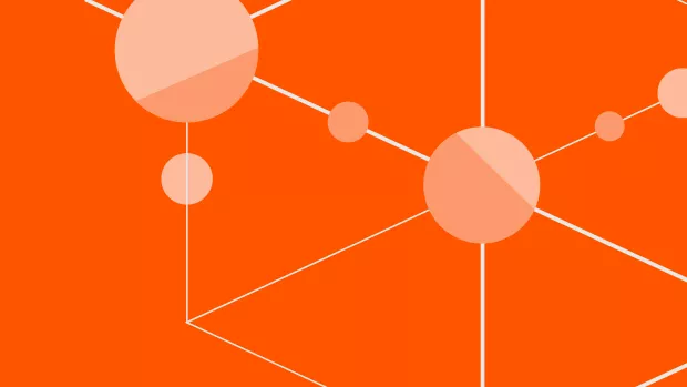 Circular icons in a network on an orange background