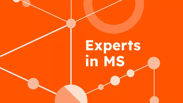 Experts in MS slogan on an orange background with circular icons