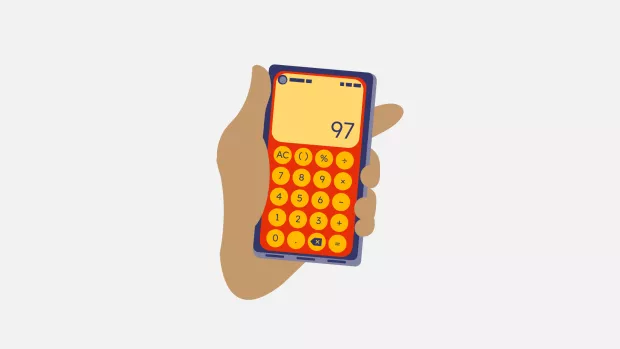 Hand holding phone, with calculator on the screen