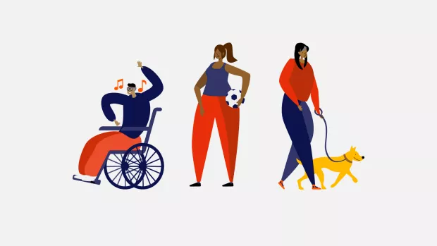 3 people, one holding a ball underarm smiling, one walking a dog, and one in a wheelchair with arms raised (swaying to music with music notes) aged 40, 50 and 60