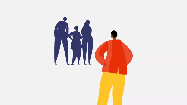 Person 40s (full colour) stood in front of other people (silhouettes, one being a child/shorter person)
